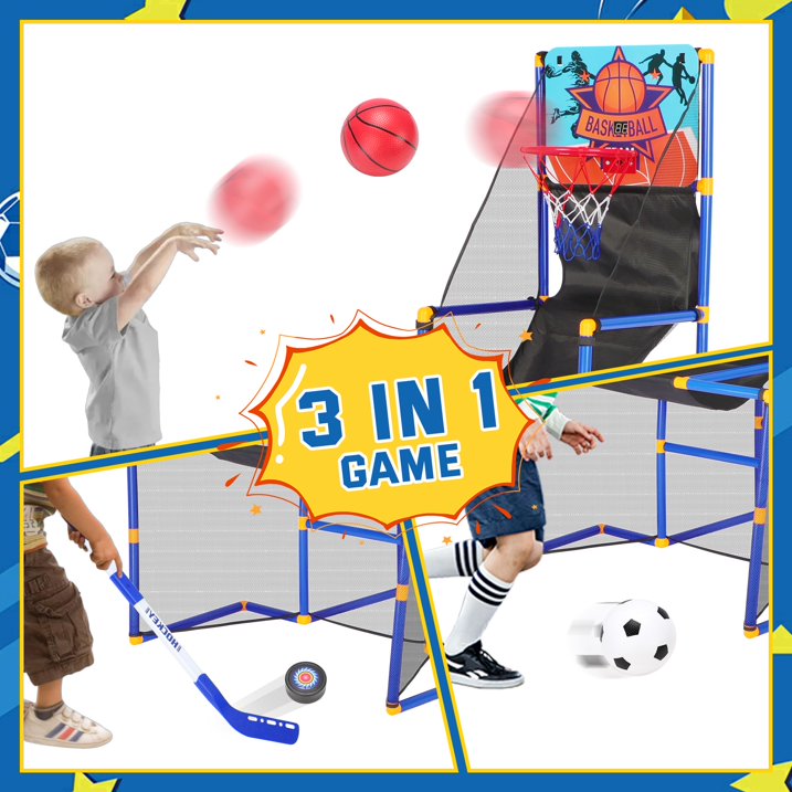 3 in-1 Kids Arcade Basketball Game & Hockey & Soccer, With 4 Basketball Balls, Football, Hockey, Hockey Stick, Pump, Electronic Scoreboard Sound for Toddlers, Basketball Goal for Kids Boys Girls