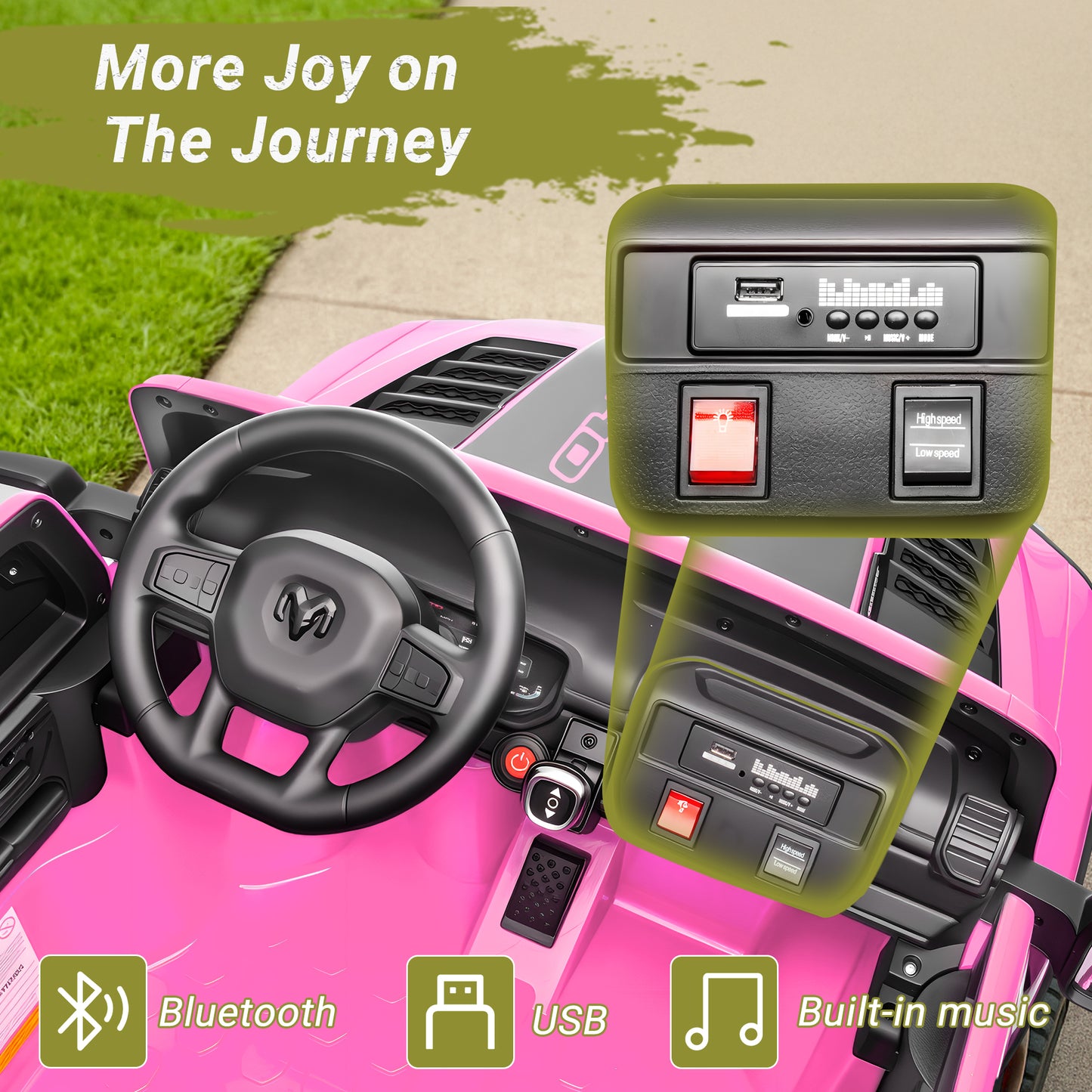 2 Seater Ride on Cars for Kids, RAM 1500 Extra large Real 24V Powered Ride on Toys with Remote Control, LED Light, MP3 Player, Electric Vehicles Ride on Truck for Boys Girls Gifts, Pink