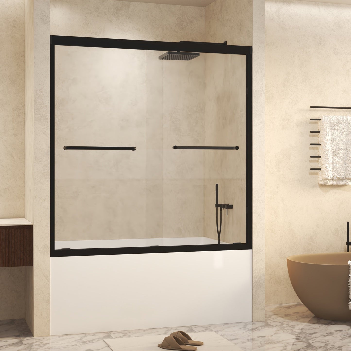 Sesslife 44-48 in W x 72 in H Double Sliding Shower Door with Aluminum Frame, Modern Tub Door with 1/4" (6 mm) Clear Tempered Glass and Stainless Steel Long Handles, SCGG Certified, Matte Black