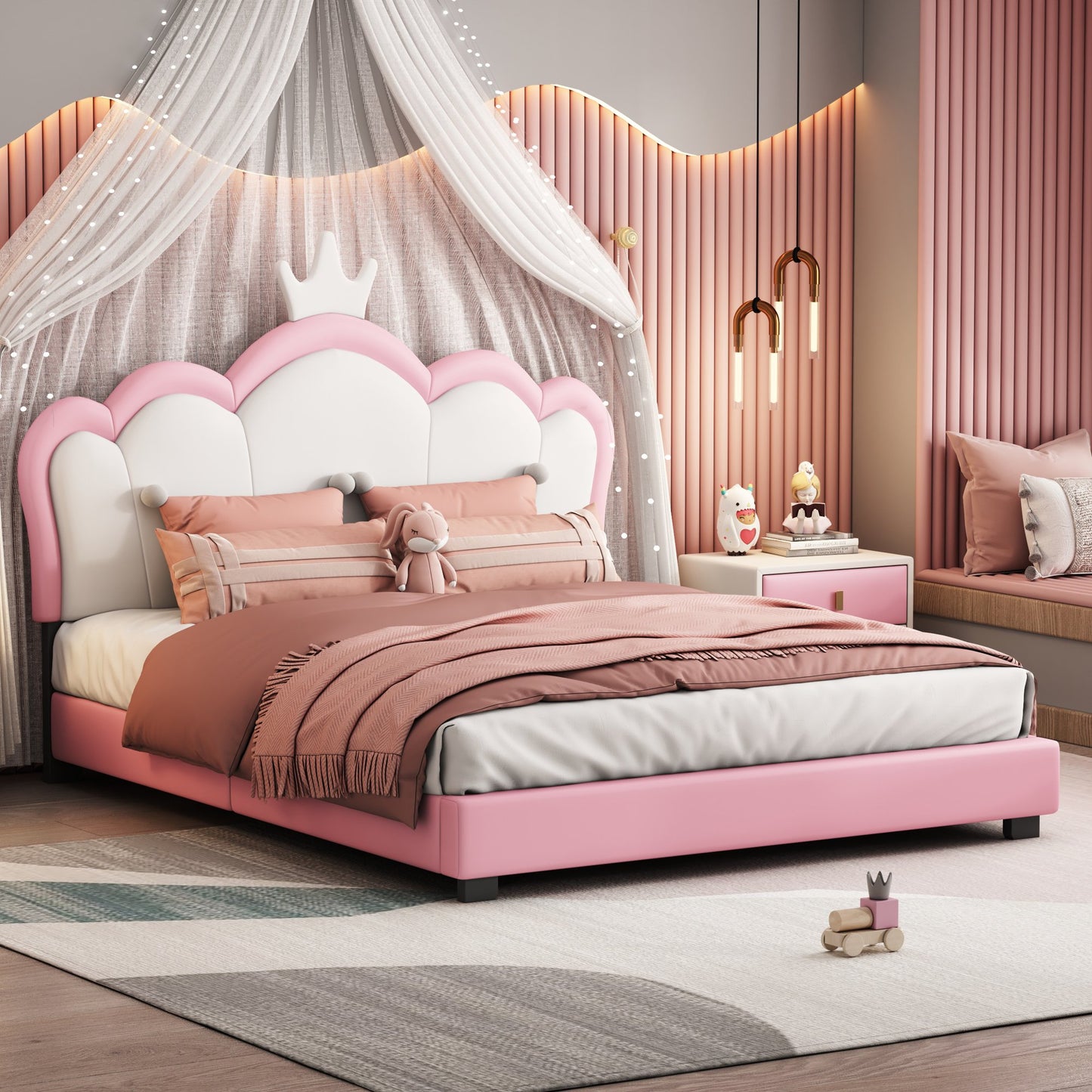 Sesslife Twin Size Bed Frame with PU Leather Crown HeadBoard, Comfy Upholstered Bed with Strong Slats Support, Wood Platform Bed Cute Kids Bed, Easy Assembly, No Box Spring Needed, Pink & White