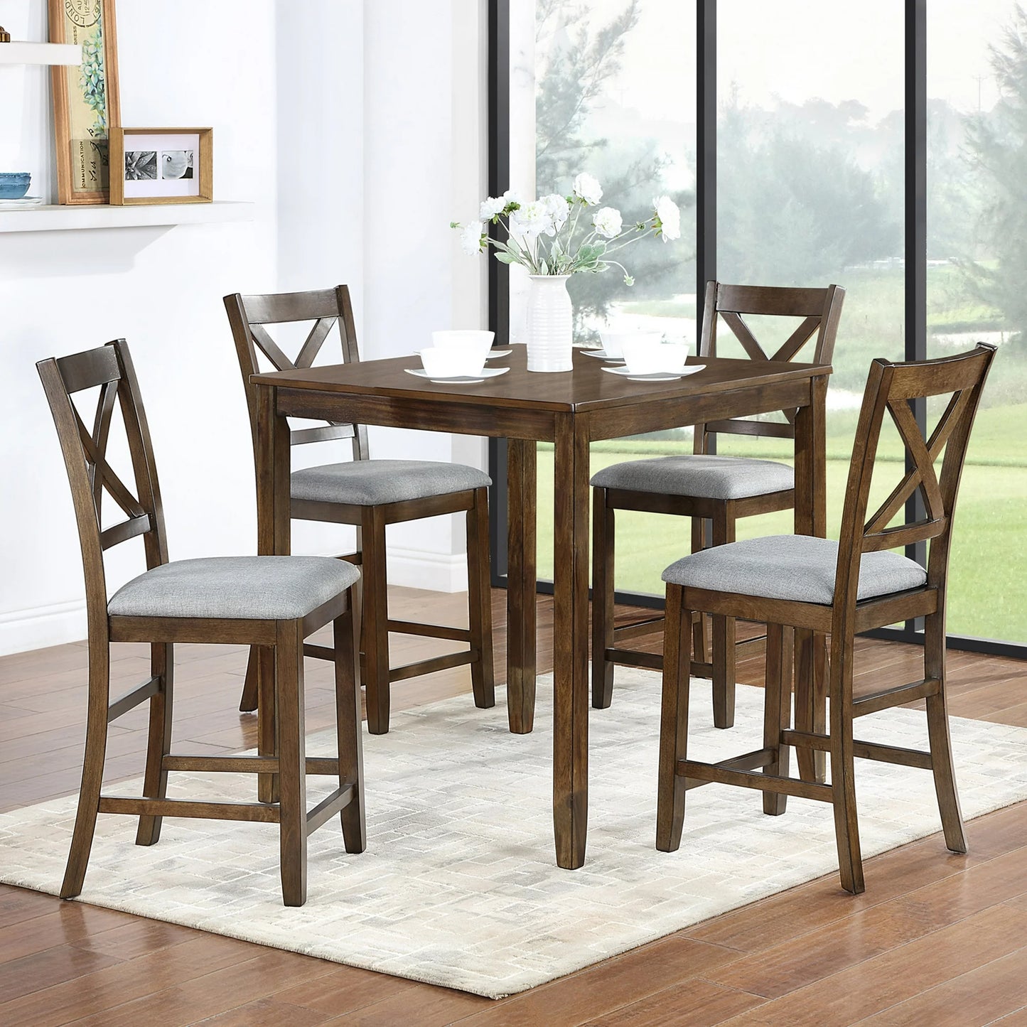 PORKISS 5 Piece Dining Table Set, Wood Dining Room Set with Upholstered Chairs X-shaped Backrest, Walnut