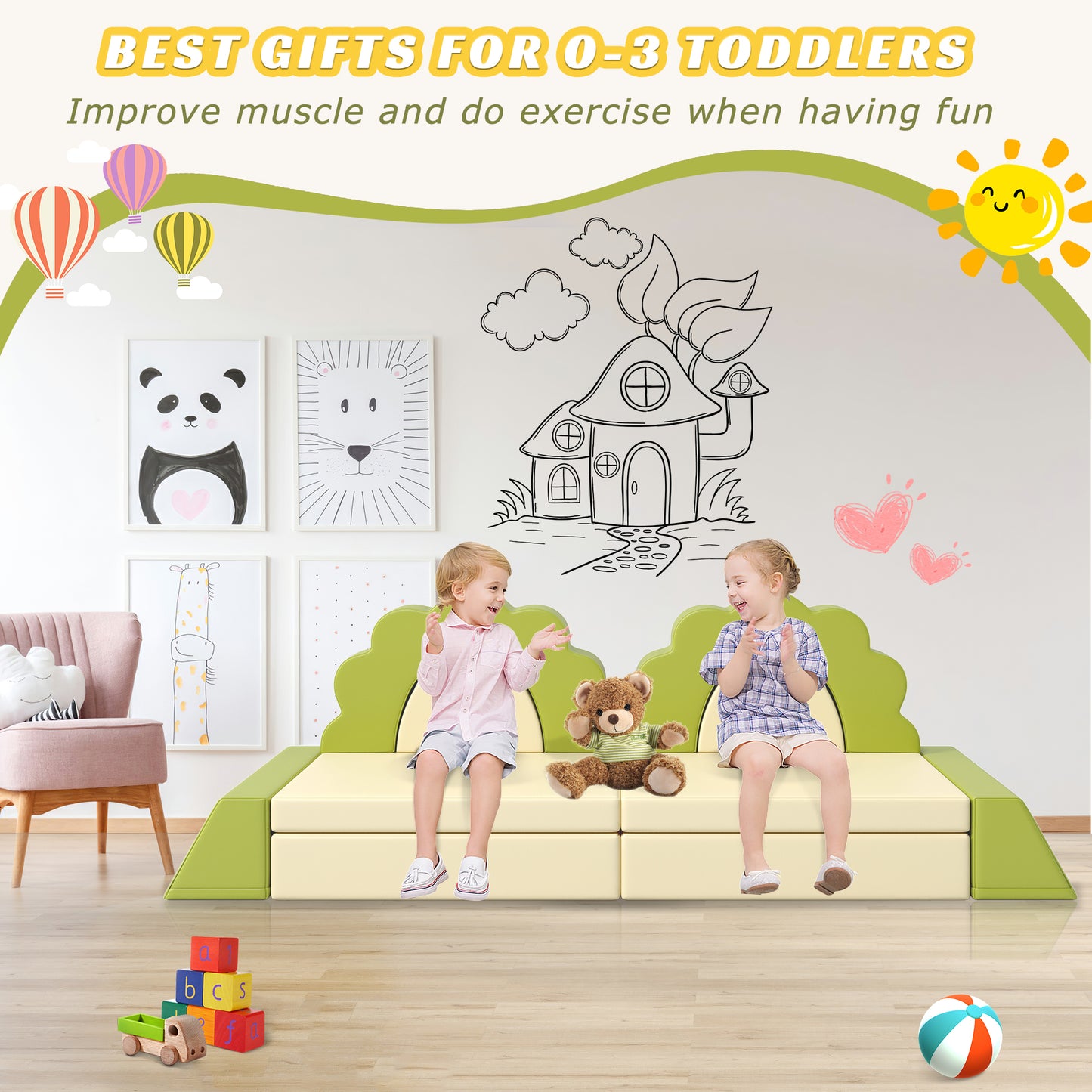 10 PCS Modular Kids Play Couch, Toddler Sofa Couch for Crawl Foam Play, Climbing Blocks Convertible Sofa, Modern Nugget Couch for Toddlers, Infant, Kids, Per-School, Pink