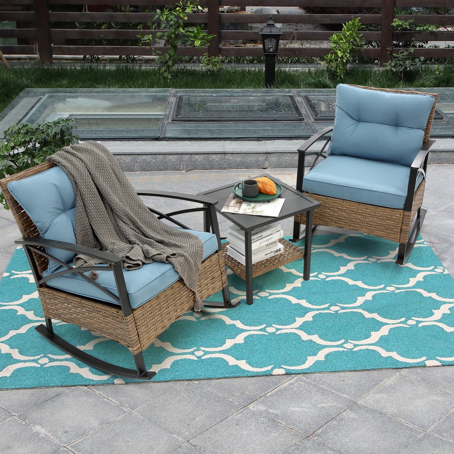 3-Piece Patio Rocking Rattan Set, Outdoor Wicker Rattan Furniture Set w/2 Back Cushions, 2 Seat Cushions, Deck Porch Poolside Furniture Table Set for 2, Blue