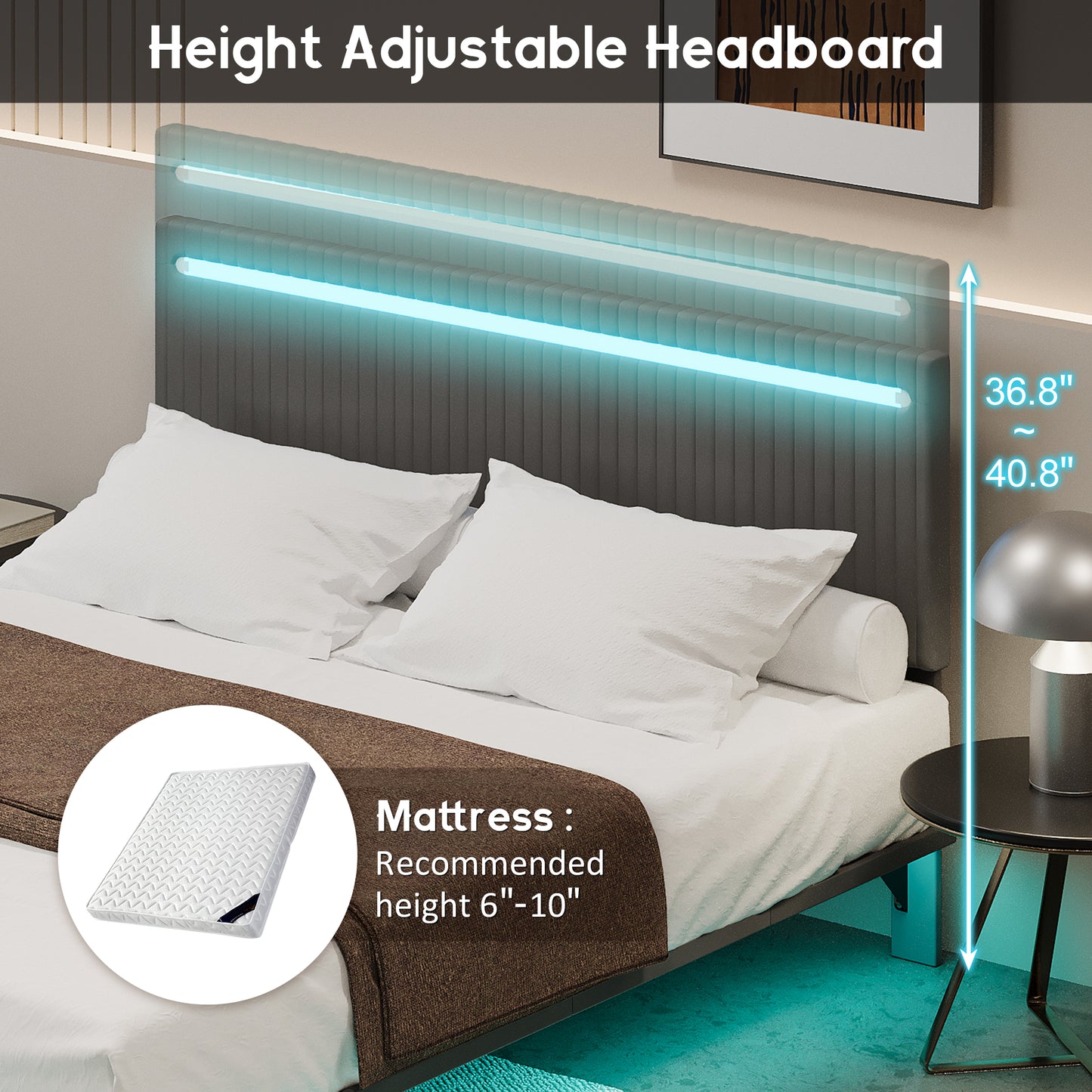 Queen Floating Bed Frame, Upholstered Velvet Platform Bed Frame with Adjustable Headboard, RGB LED Lights, Modern Queen Bed Frame with Underbed Sensor Lights, No Box Spring Needed, Beige