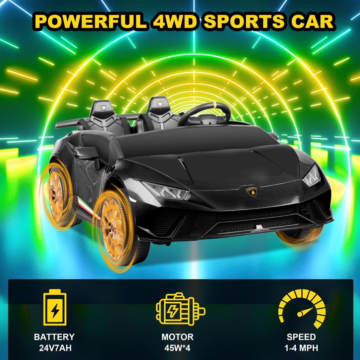 2 Seater Ride on Car for Big Kids, Lamborghini Huracan 24V Powered Ride on Toy with Remote Control, Electric Toy Car for Kids Toddlers 3-8, 4 Wheelers Car With Bluetooth & Light
