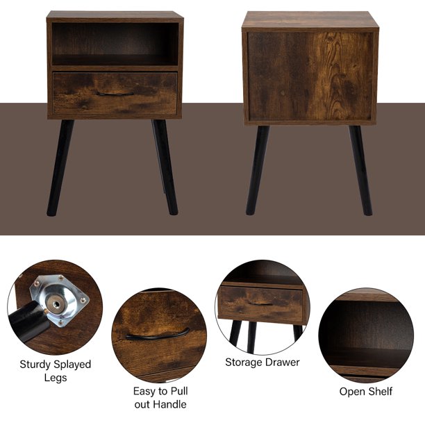 Mid Century Nightstand Set of 2, Sesslife Wood Side Table with Drawer, Open Storage Shelf, Black Splayed Legs, 15.75"L x 11.81"W Table Top, Rustic End Table for Bedroom Living Room
