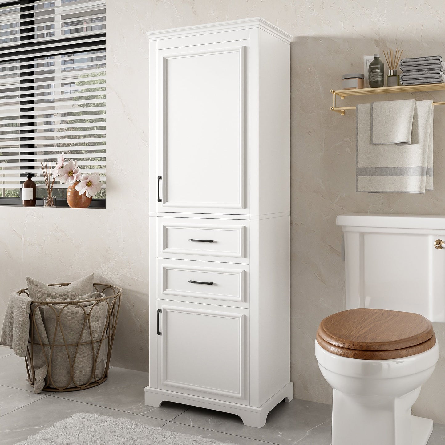 Sesslife Bathroom Storage Cabinet, Kitchen Pantry with 2 Doors and 2 Drawers, Modern Freestanding Cupboard with Adjustable Shelves, Wood Tower Linen Cabinet for Bathroom Living Room Kitchen, White