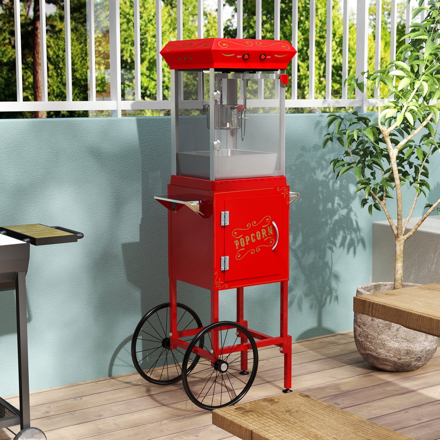 Commercial Popcorn Machine with Cart, 480W Popcorn Maker Machine, Popcorn Popper Machine with 6 oz Stainless Steel Kettle, Heated Deck, Storage Cabinet & 2 Wheels for Parties