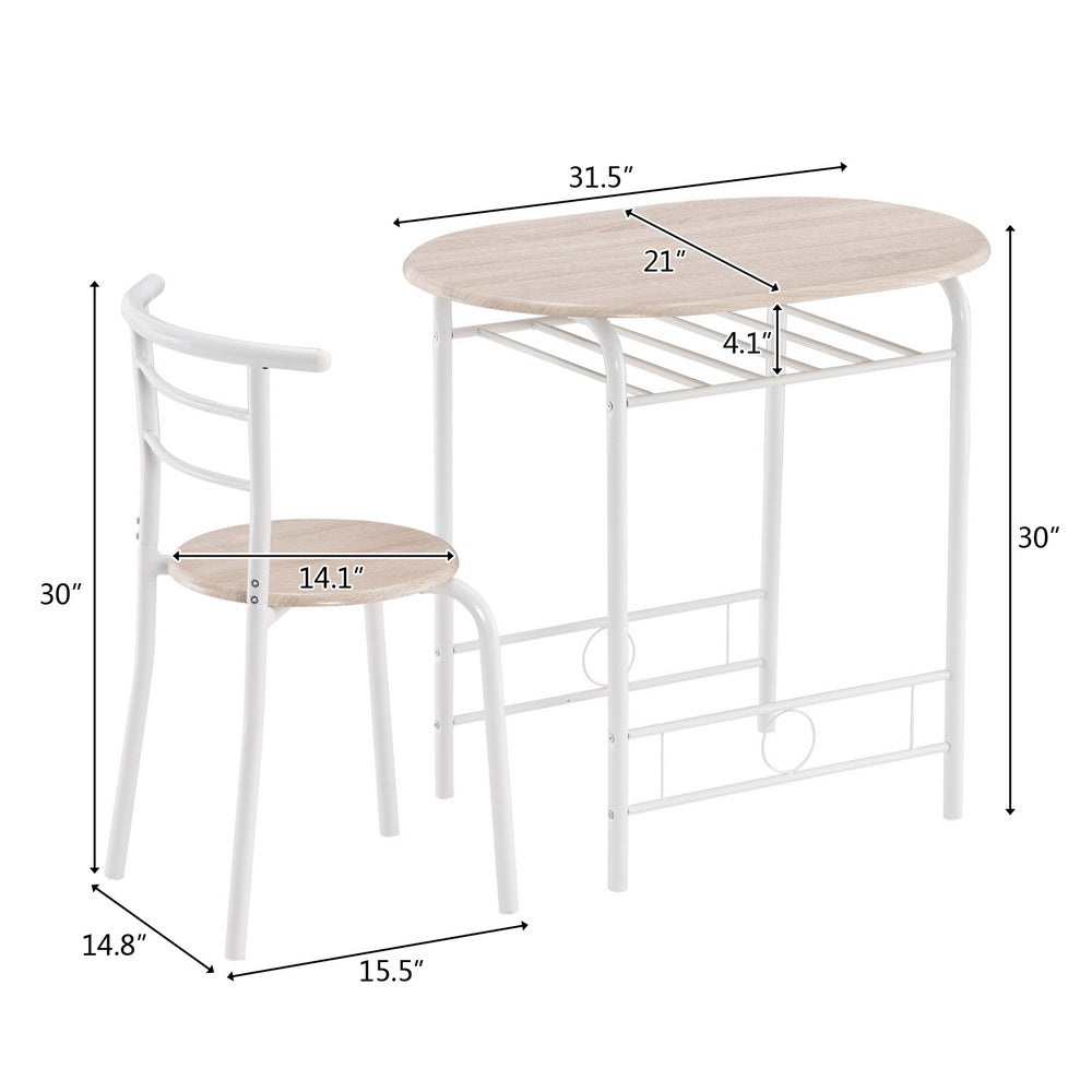 3 Piece Dining Table Set, Small Kitchen Table Set for 2, Wooden Pub Table Set with Metal Frame and Shelf Storage, Couple Breakfast Nook Bistro Sets, White