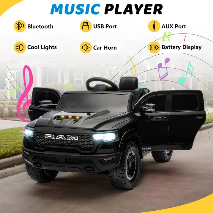 Ride on Car Toys for Kids, Ram 1500 Ride on Truck Toy with Remote Control, 4 Wheels Suspension Electric Car for Boys Girls 3-6 W/Key Switch, Bluetooth, Rear Storage Trunk, Safety Belt