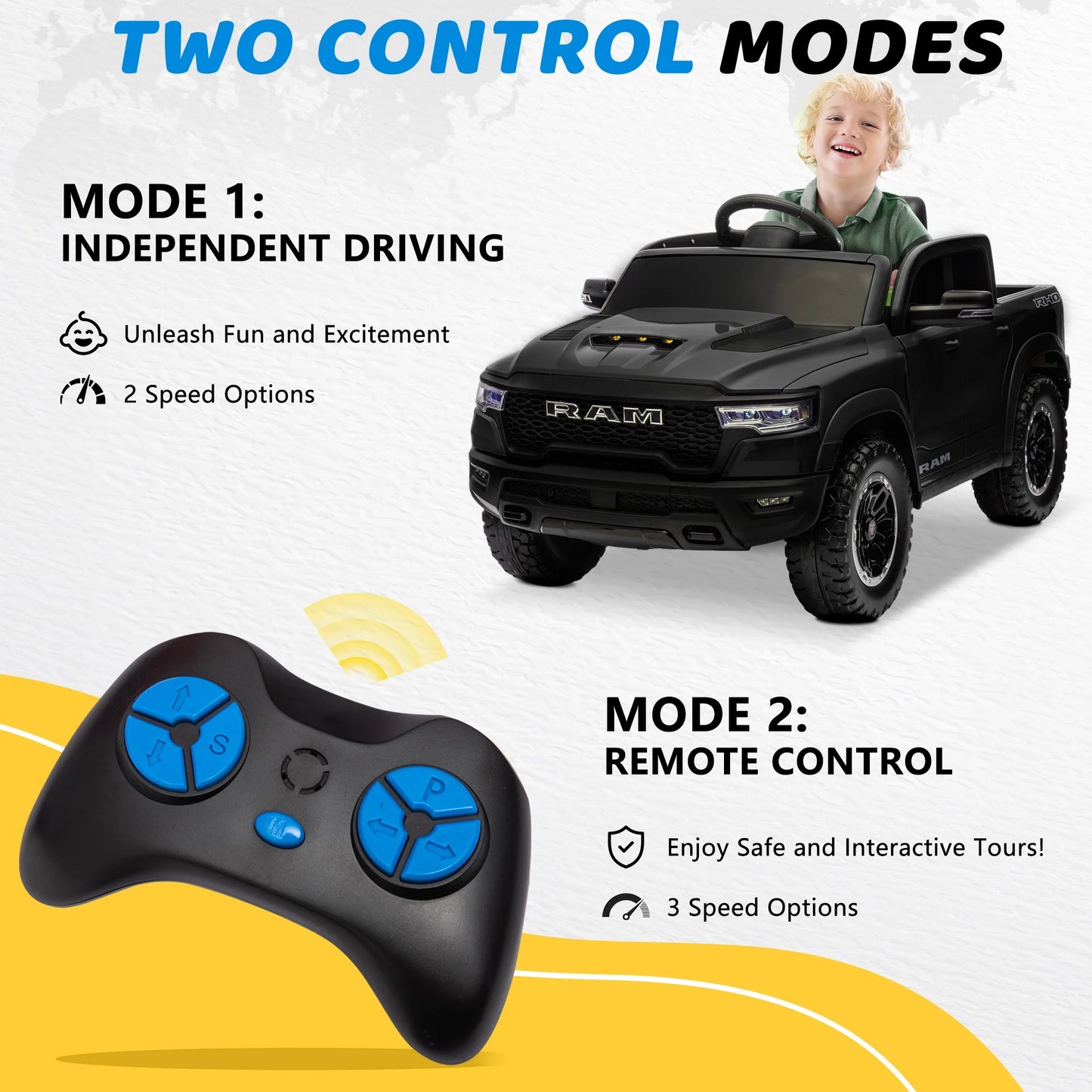 Ride on Car Toys for Kids, Ram 1500 Ride on Truck Toy with Remote Control, 4 Wheels Suspension Electric Car for Boys Girls 3-6 W/Key Switch, Bluetooth, Rear Storage Trunk, Safety Belt