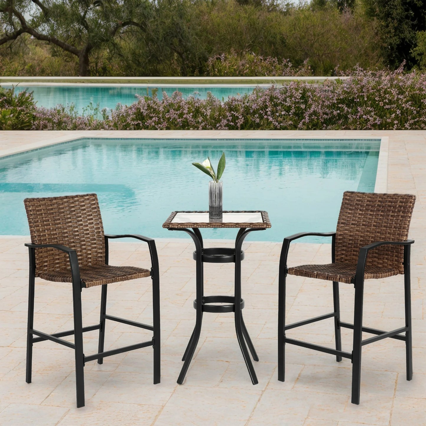 PORKISS Outdoor Bar Stools Set of 3, Patio Bar Height Stool Set with 1 Table 2 Bar Stools, Height Table Backyard Furniture Bistro Set with Glass Table Top for Backyard, Lawn Garden, Balcony, Pool