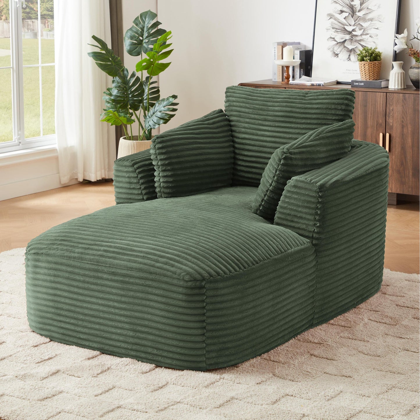 SESSLIFE Oversized Chaise Lounge Chair, 64.6" Comfy Corduroy Chaise Sofa Recliner Bed Upholstered Sleeper Couch Bed for Living Room, Bedroom, No Assembly, Green