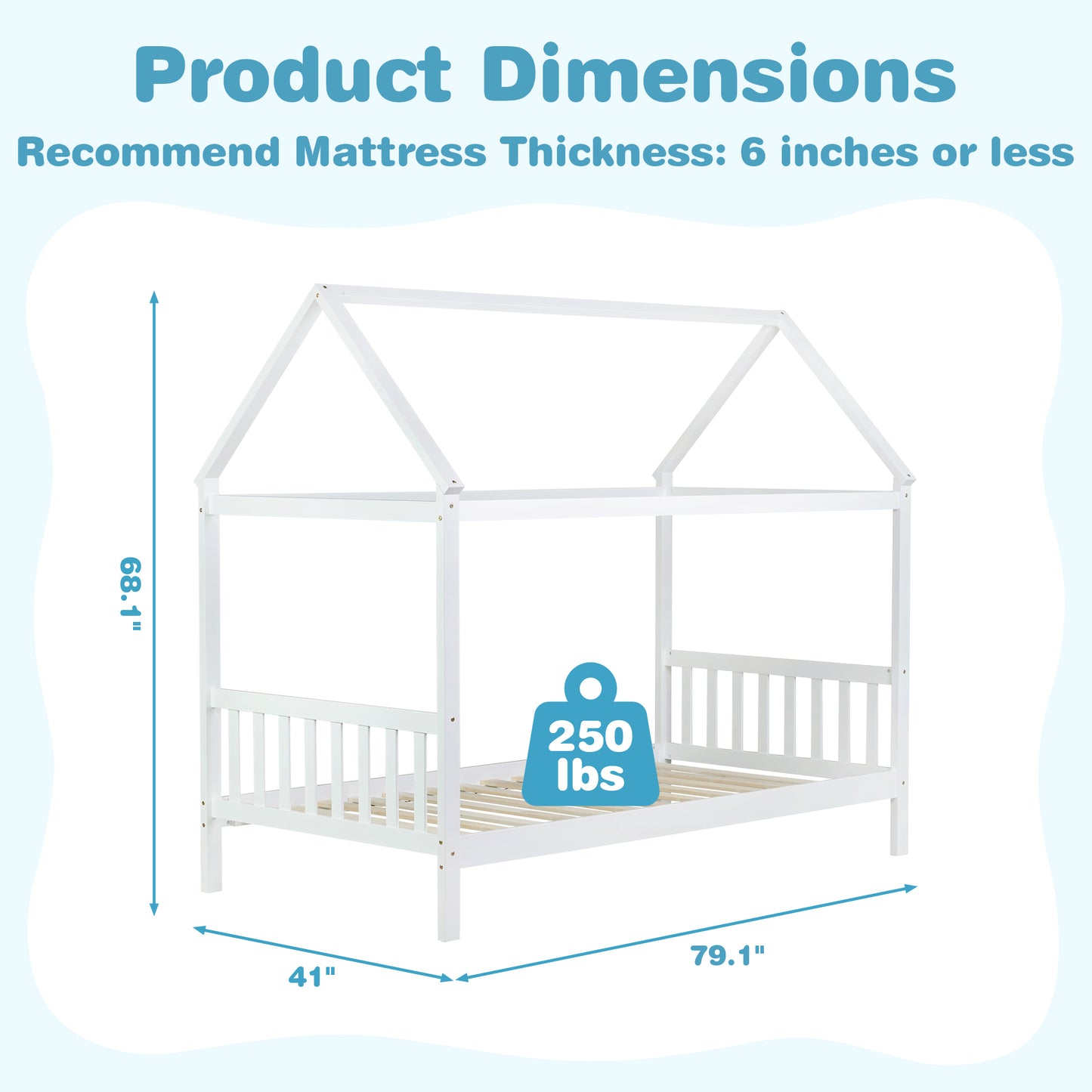 SESSLIFE House Bed with Fence, Wood House Bed, Floor Bed Frame, Twin Canopy Bed for Bedroom, No Box Spring Needed (White)
