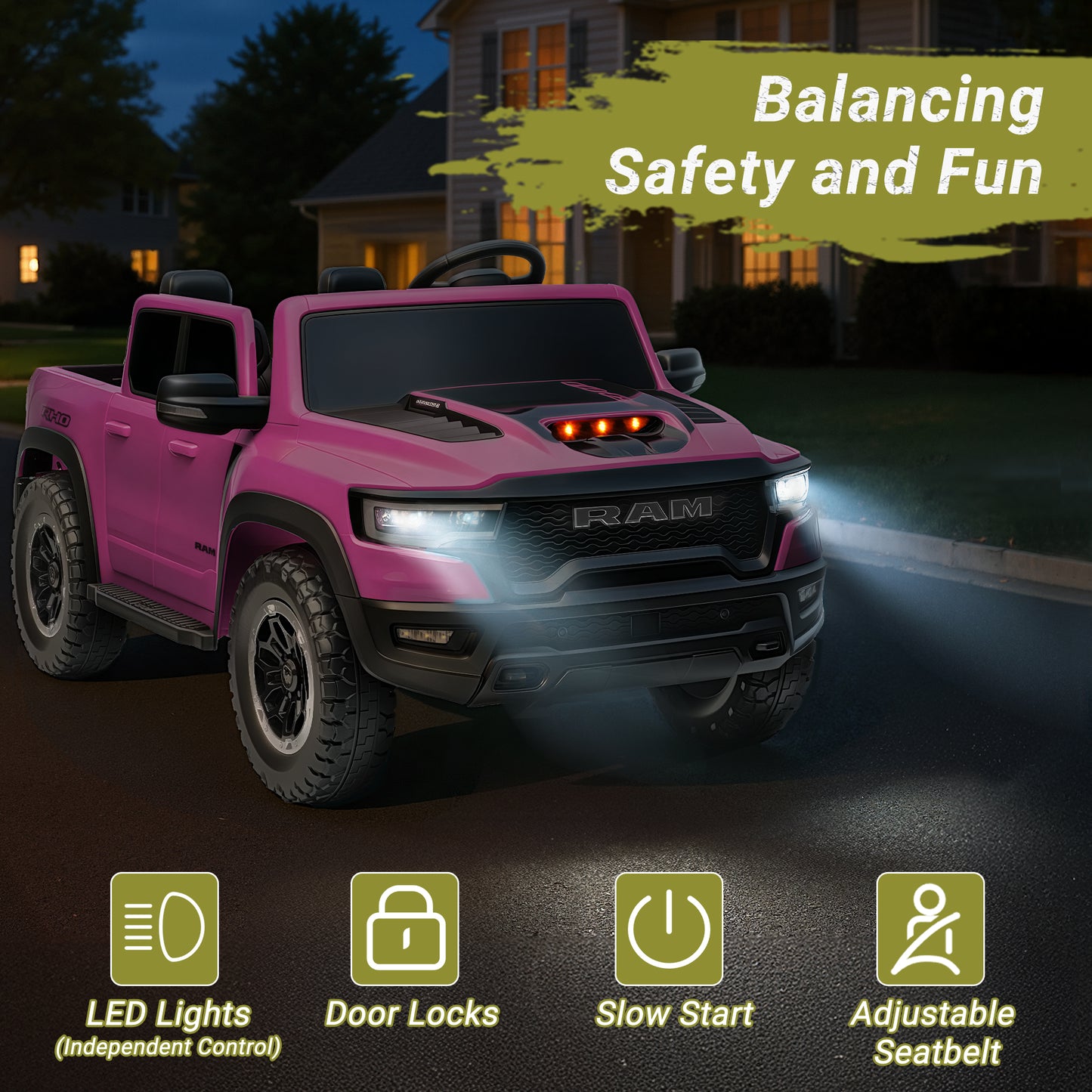 2 Seater Ride on Cars for Kids, RAM 1500 Extra large Real 24V Powered Ride on Toys with Remote Control, LED Light, MP3 Player, Electric Vehicles Ride on Truck for Boys Girls Gifts, Pink