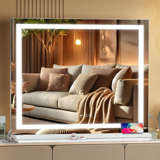 SESSLIFE Hollywood Vanity Mirror with Lights, 31.5"x22.8" Makeup Mirror with Crystal Light Strip, Dimmable 3-Color Lighting, USB Port, 10x Magnification Makeup Mirror for Bedroom