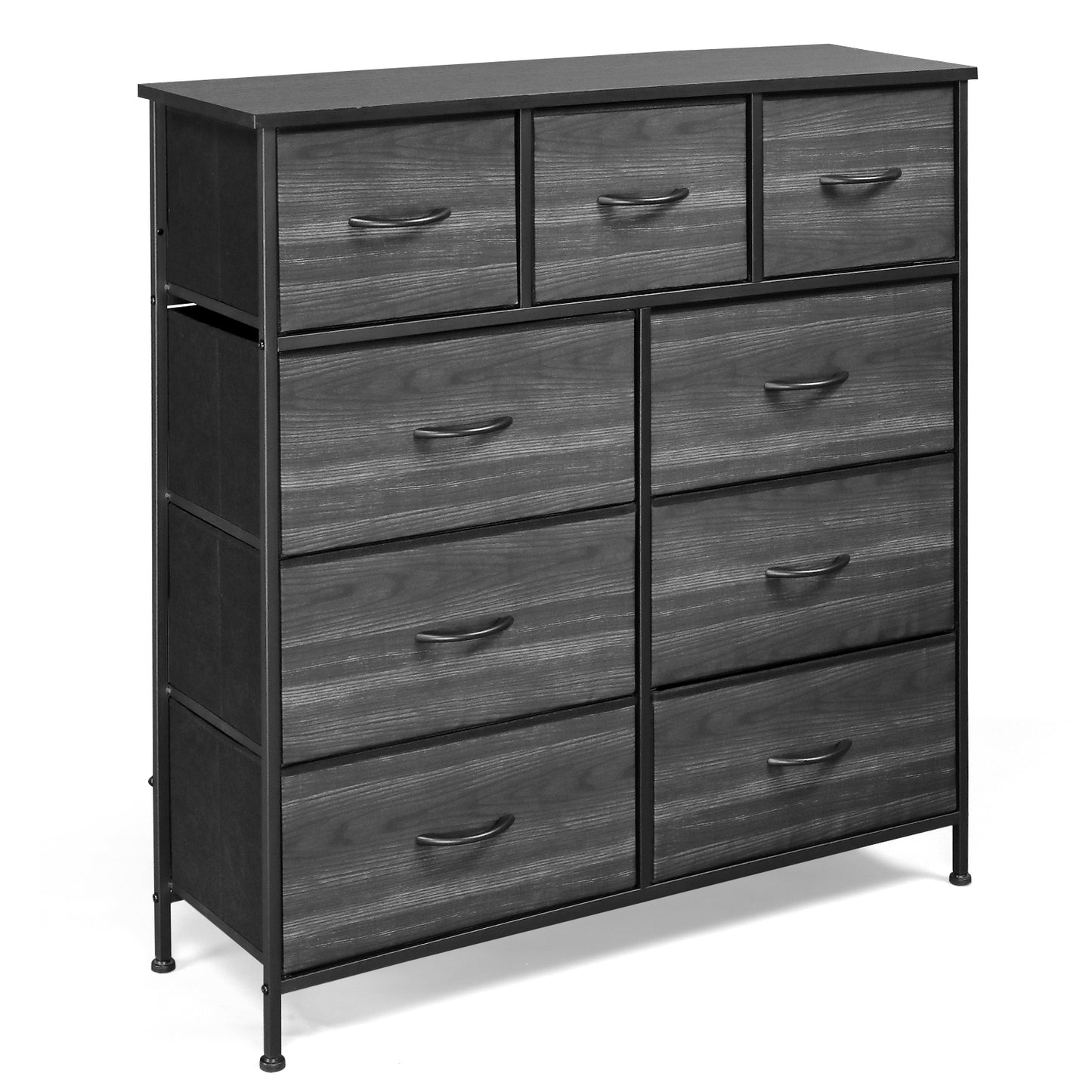 9 Drawer Dresser, Fabric Storage Drawers with Wood Top and Metal Frame, Modern Wide Chest of Drawers for Bedroom, Living Room, Closets, Black