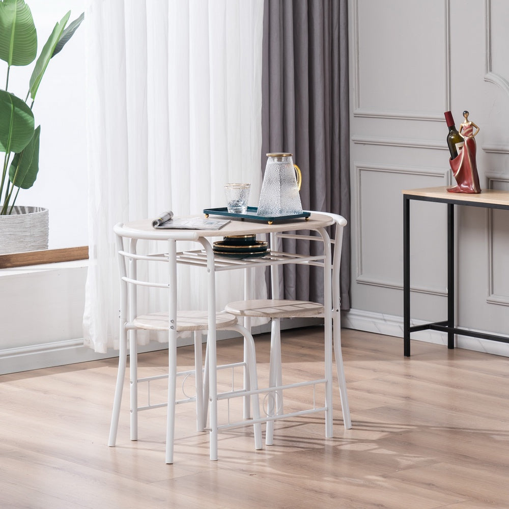 3 Piece Dining Table Set, Small Kitchen Table Set for 2, Wooden Pub Table Set with Metal Frame and Shelf Storage, Couple Breakfast Nook Bistro Sets, White