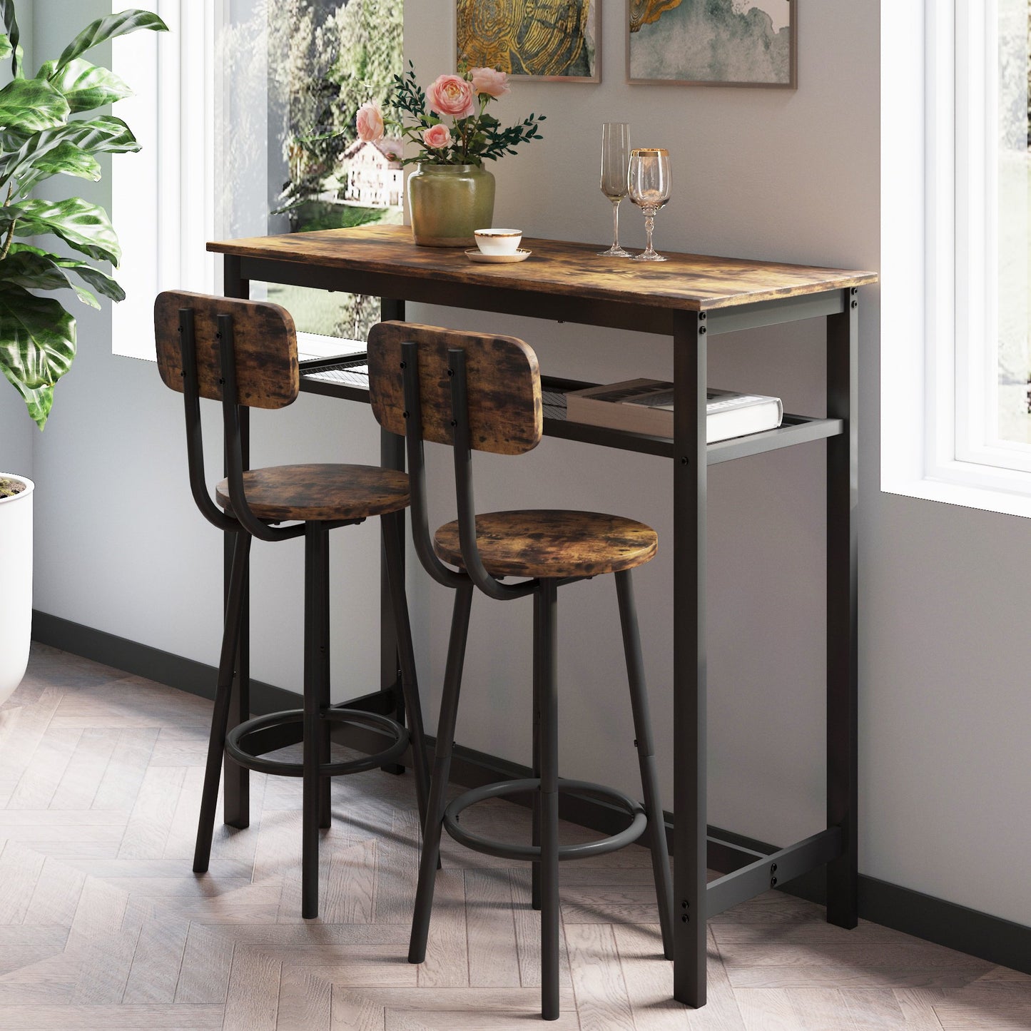 3-Piece Dining Table Set, Rectangle Wood Kitchen Table Set with 2 Chairs for Small Place, High Backrest Dining Table and Chairs Set for Kitchen, Breakfast Nook, Restaurant, Brown
