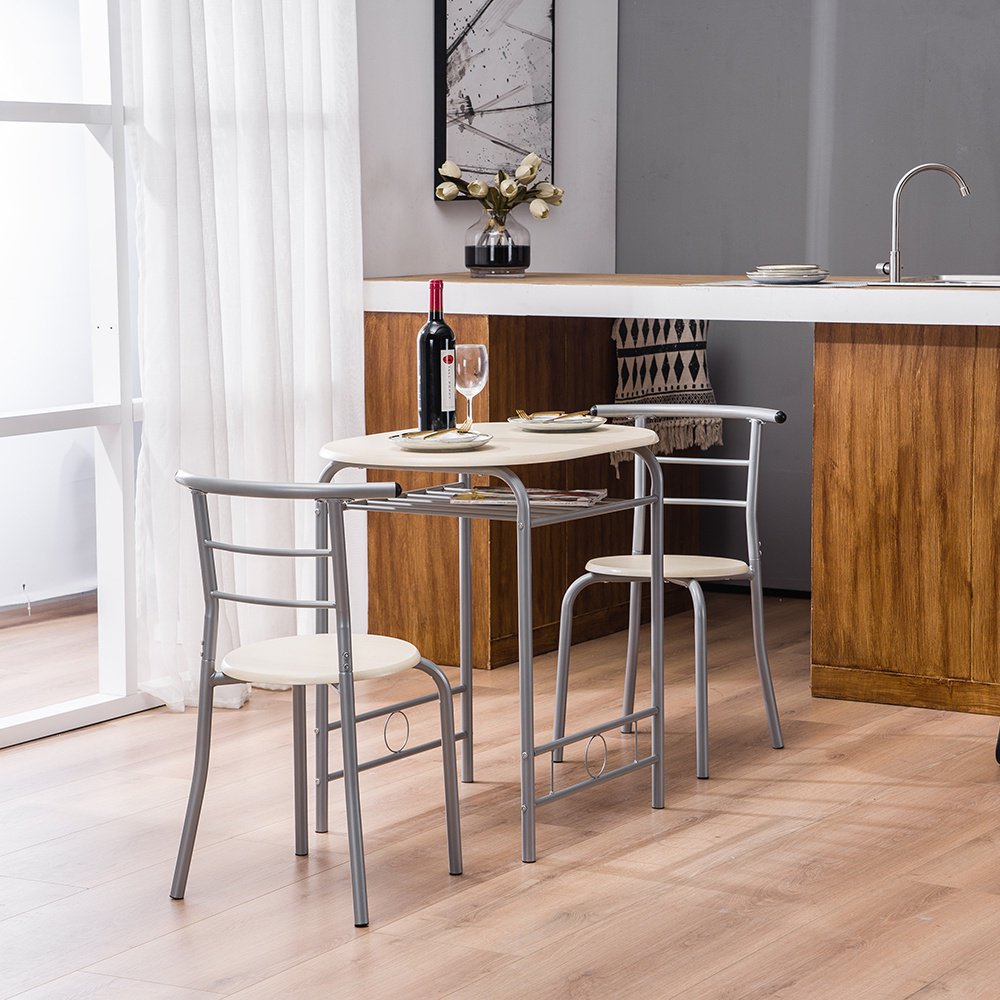 3 Piece Bar Table Set, Small Space Table Set for 2, Wooden Pub Table Set with Metal Frame and Shelf Storage, Couple Breakfast Nook Bistro Sets, Beige