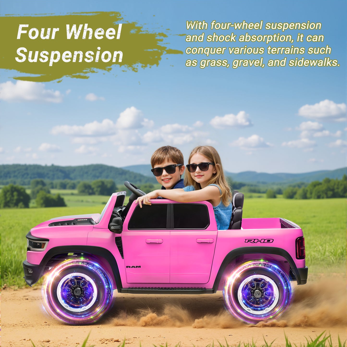 2 Seater Ride on Cars for Kids, RAM 1500 Extra large Real 24V Powered Ride on Toys with Remote Control, LED Light, MP3 Player, Electric Vehicles Ride on Truck for Boys Girls Gifts, Pink
