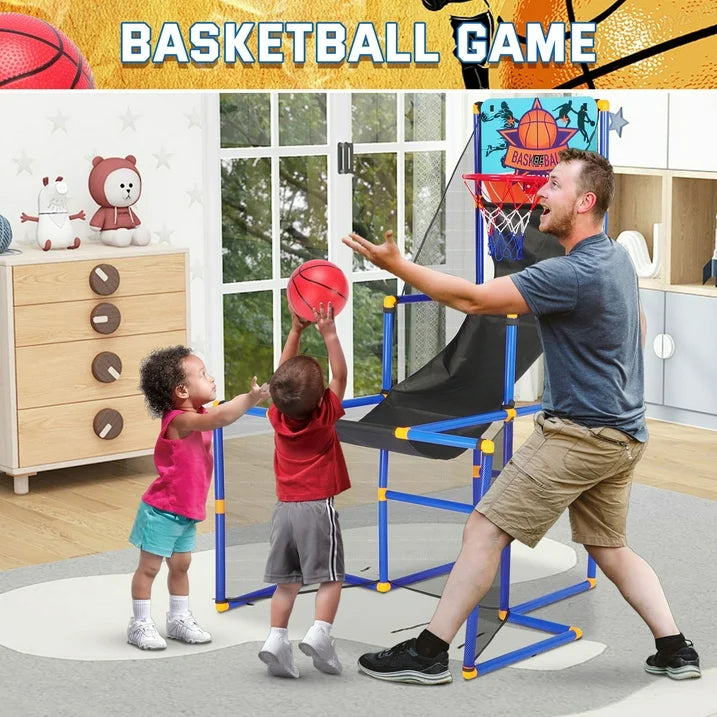 3 in-1 Kids Arcade Basketball Game & Hockey & Soccer, With 4 Basketball Balls, Football, Hockey, Hockey Stick, Pump, Electronic Scoreboard Sound for Toddlers, Basketball Goal for Kids Boys Girls