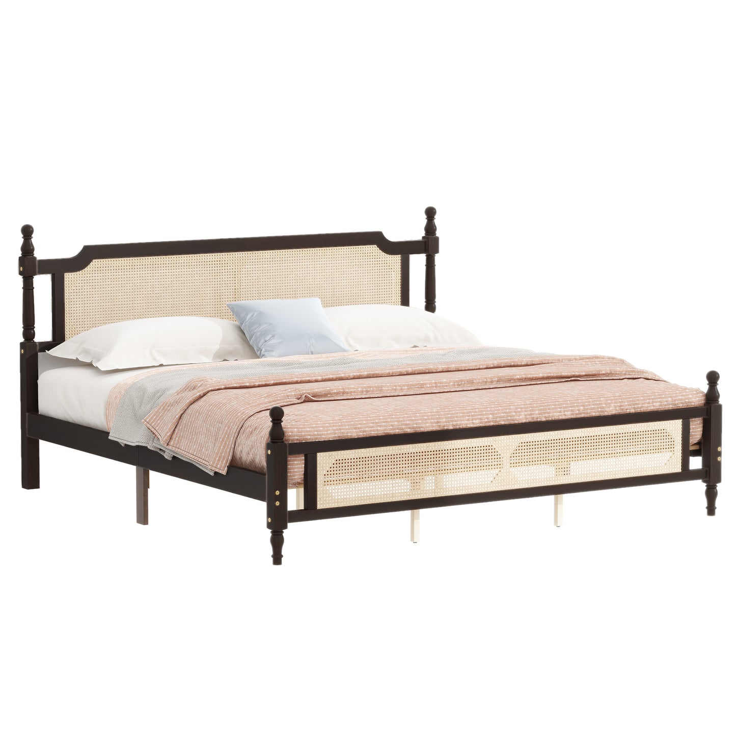 King Platform Bed Frame, Wood King Size Bed Frame with Rattan Headboard, Modern Bed Frame King with Central Enhanced for Adults, No Box Spring Needed, Walnut