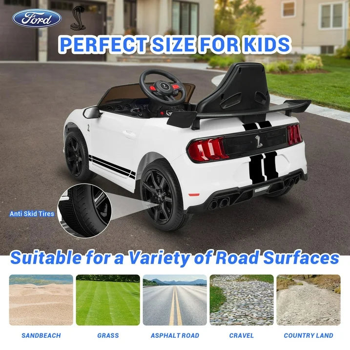 12V Powered Ride on Car for Kids, Ford Ride on Toys With Remote Control Bluetooth, MP3 Player, Radio, Lights, 4 Wheels Suspension Electric Car Toys for Boys Girls Gifts, White