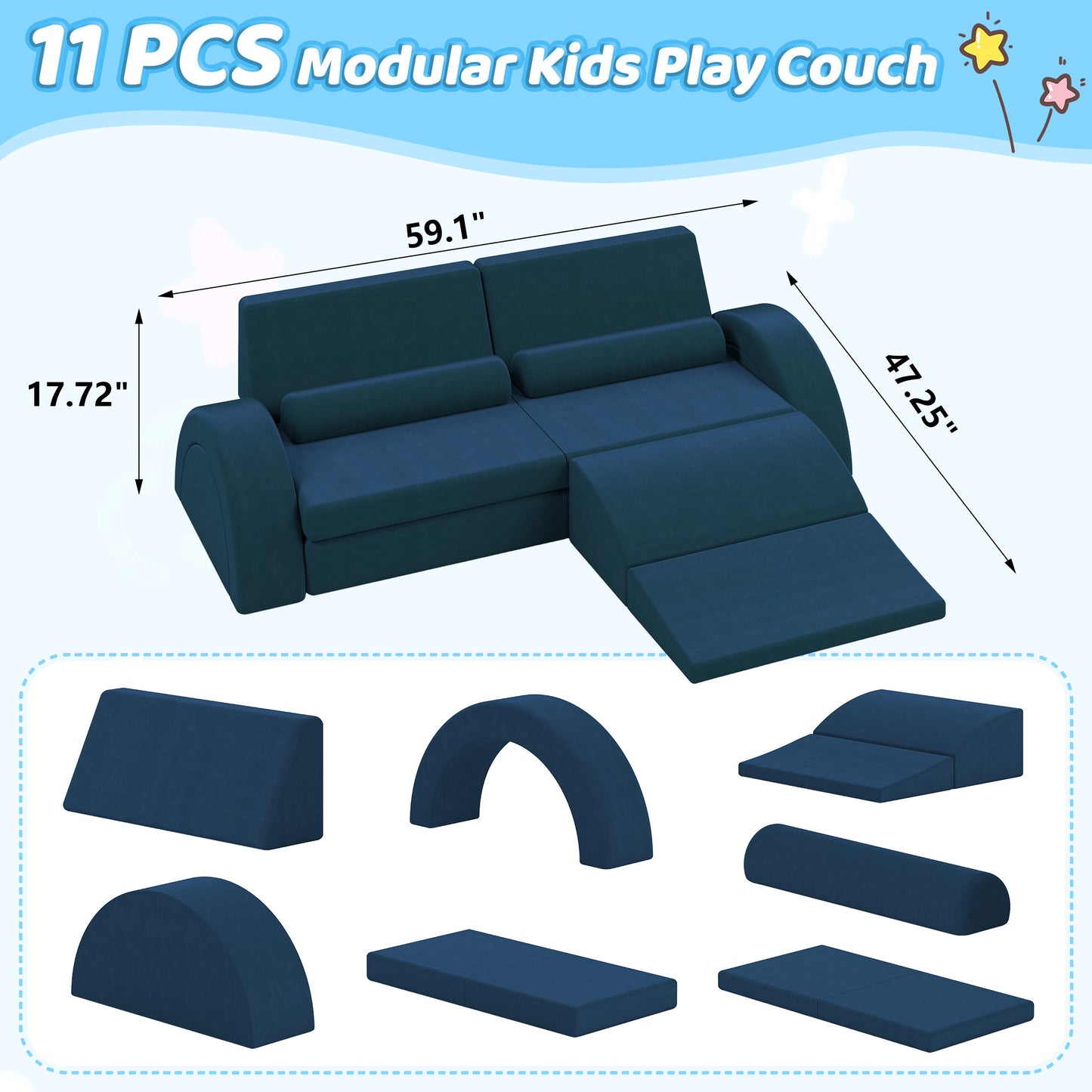 10 PCS Modular Kids Play Couch, Toddler Sofa Couch for Crawl Foam Play, Climbing Blocks Convertible Sofa, Modern Nugget Couch for Toddlers, Infant, Kids, Per-School