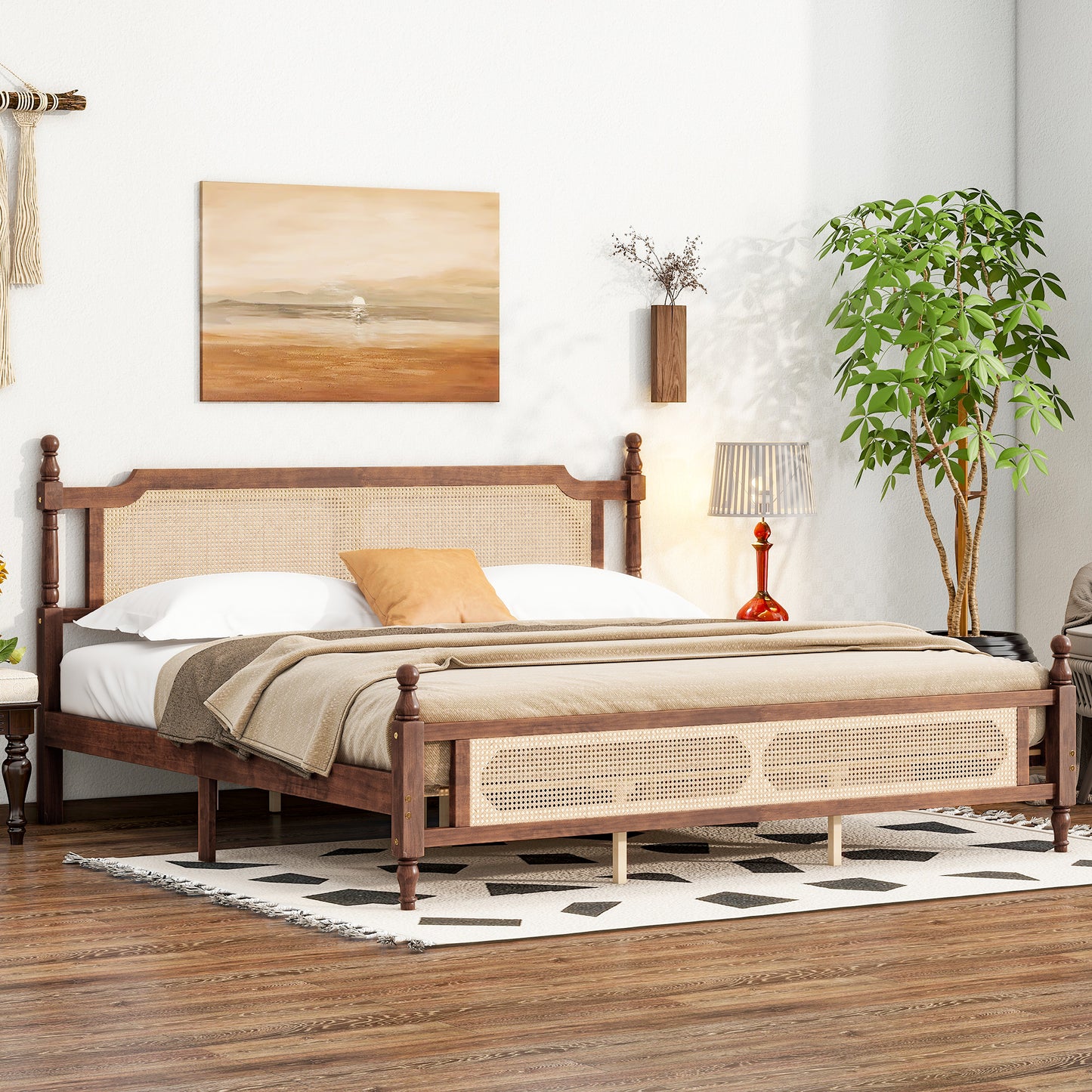 King Platform Bed Frame, Wood King Size Bed Frame with Rattan Headboard, Modern Bed Frame King with Central Enhanced for Adults, No Box Spring Needed, Walnut