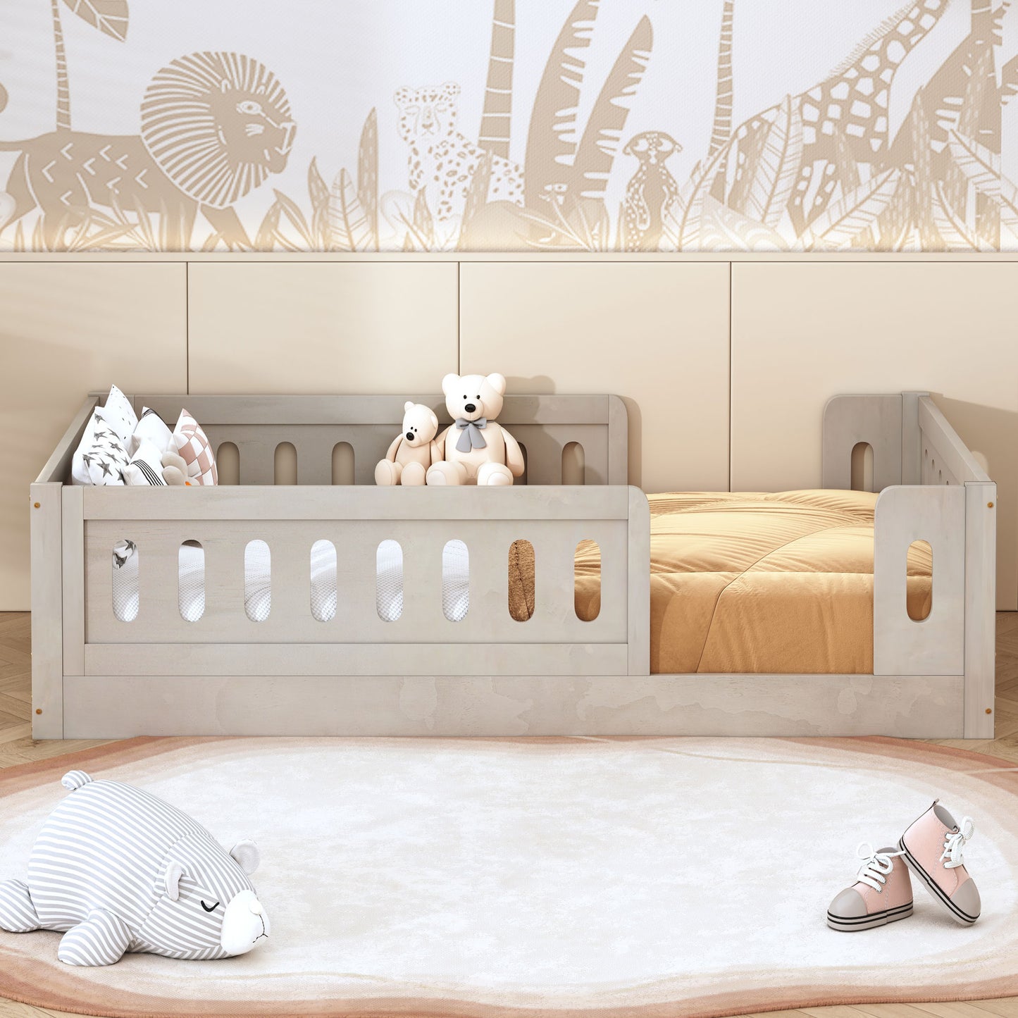 Twin Size Floor Bed Frame, SESSLIFE Twin Platform Bed with Fence for Kids, Wood Toddler Bed Montessori Floor Bed with Safety Guardrail for Boys Girls, No Box Spring Needed, White