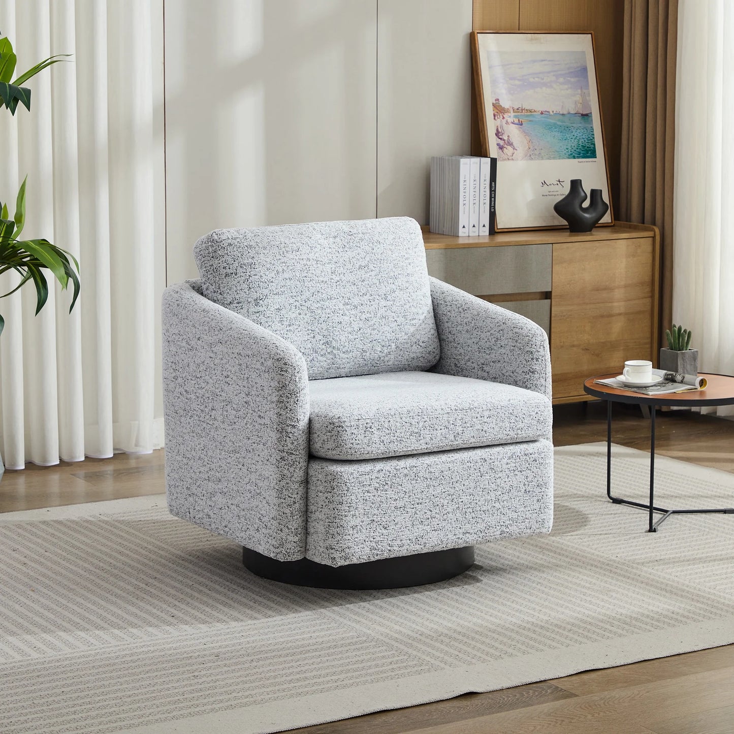 PORKISS 31.5"W Swivel Barrel Chair with Pillow, Chenille Fabric Upholstered Accent Club Armchair with Metal Swivel Ring, 360 Degree Club Chair, Single Leisure Sofa Chair, Taupe