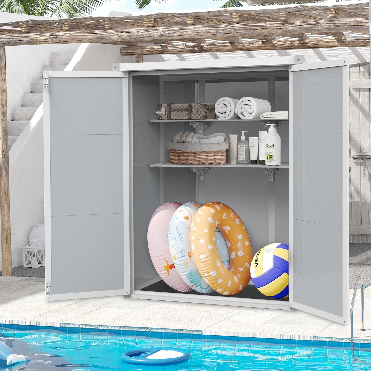 Sesslife 4.4x5.5 ft Outdoor Resin Storage Sheds, Resin Garden Shed with Duty Sloping Roof,Flat Floor, Lockable Door and Adjustable Divider for Backyard Garden Patio Lawn, Grey