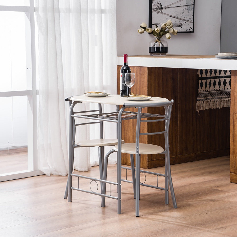 3 Piece Bar Table Set, Small Space Table Set for 2, Wooden Pub Table Set with Metal Frame and Shelf Storage, Couple Breakfast Nook Bistro Sets, Beige