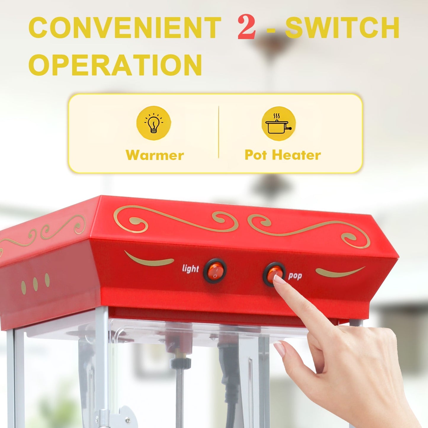 Commercial Popcorn Machine with Cart, 480W Popcorn Maker Machine, Popcorn Popper Machine with 6 oz Stainless Steel Kettle, Heated Deck, Storage Cabinet & 2 Wheels for Parties