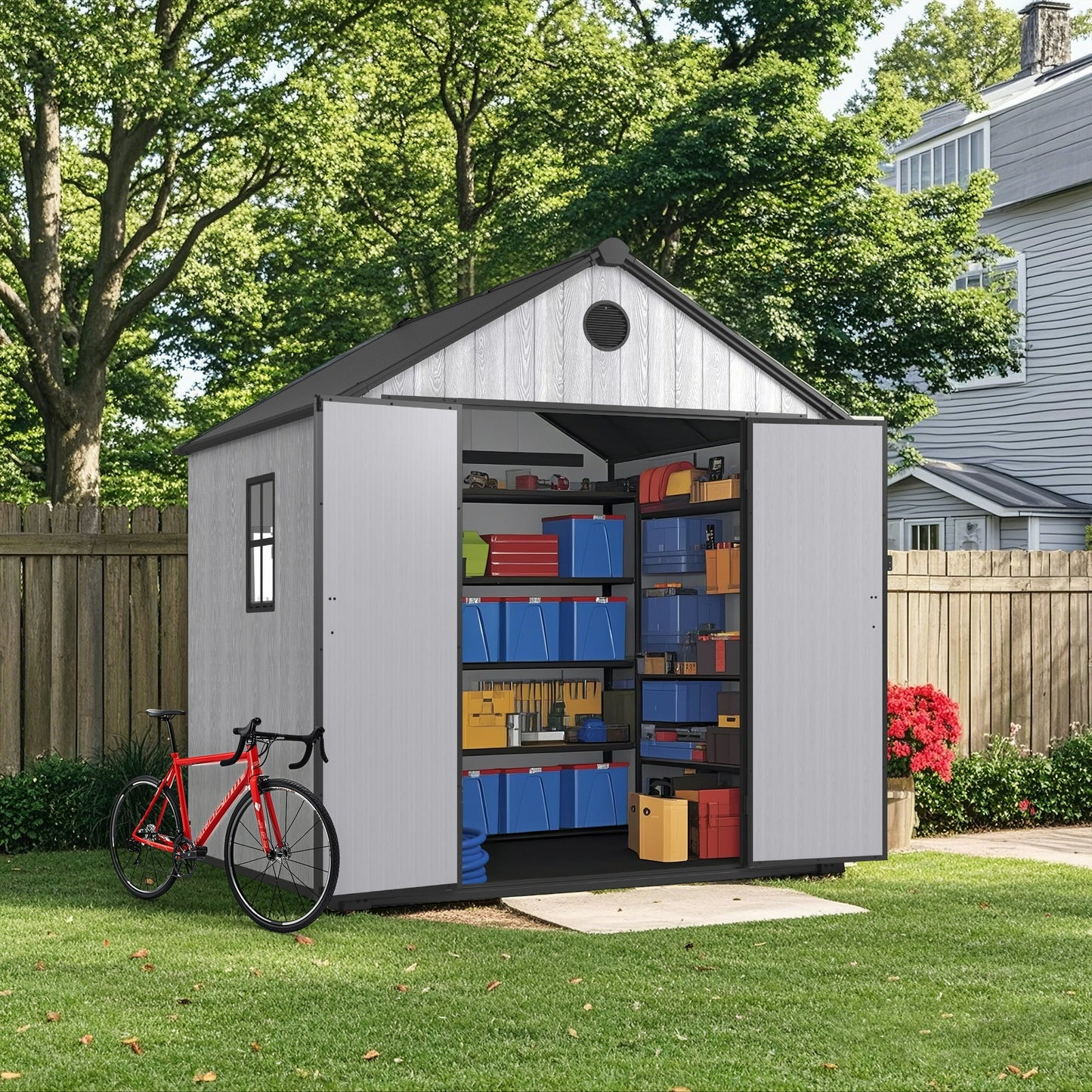 8' x 8' Outdoor Storage Shed, ENYOPRO Plastic Resin Utility Tool Storage Shed w/Lockable Doors for Patio Backyard Lawn, Gray