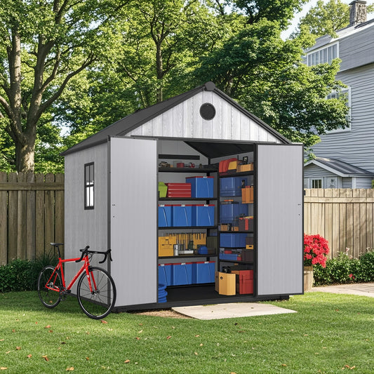 8' x 8' Outdoor Storage Shed, ENYOPRO Plastic Resin Utility Tool Storage Shed w/Lockable Doors for Patio Backyard Lawn, Gray