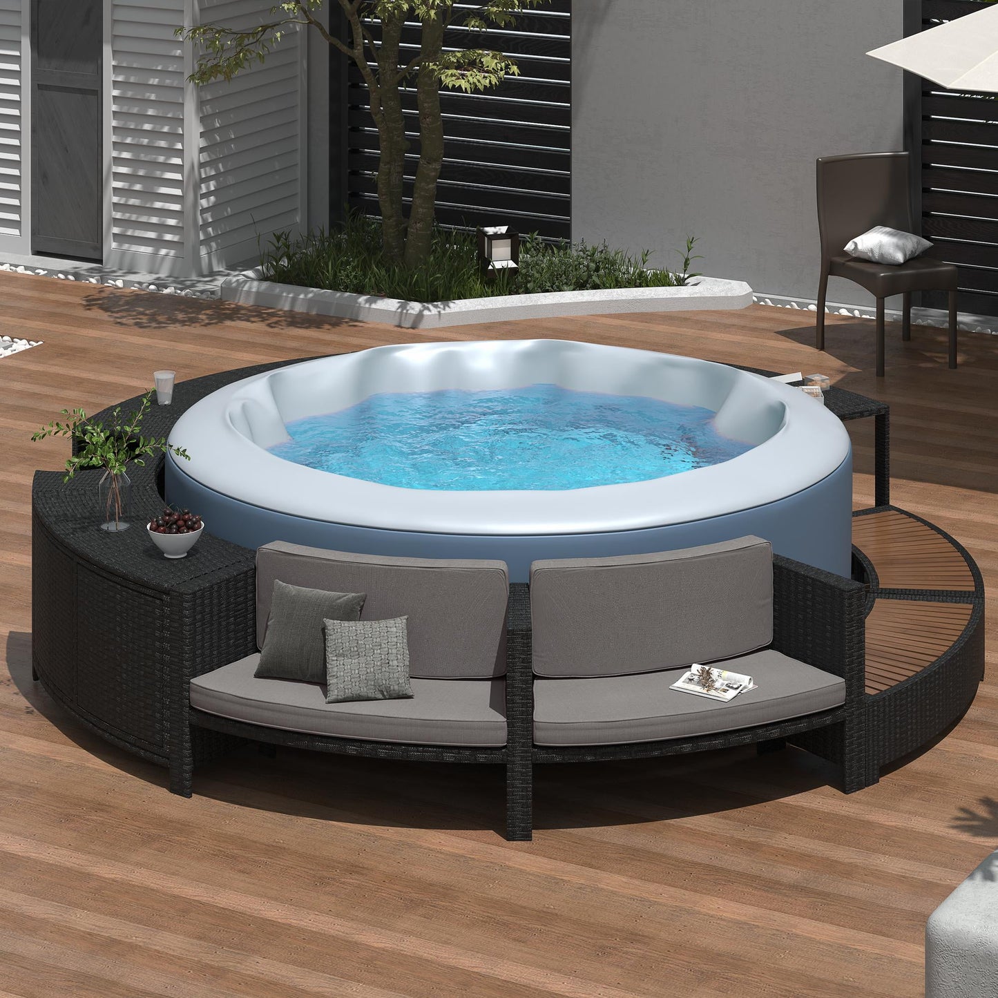 Round Spa Surround Furniture, 80" Hot Tub Accessories Spa Frame Outdoor Rattan Sectional Sofa Set with Storage Spaces and Mini Sofa, Hot Tub Surround Patio Furniture Set, Beige Cushion