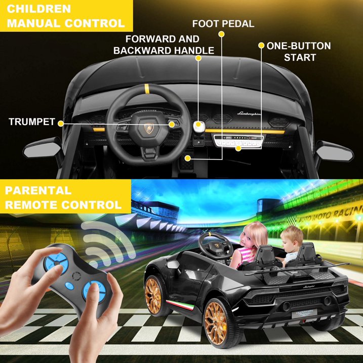 2 Seater Ride on Car for Big Kids, Lamborghini Huracan 24V Powered Ride on Toy with Remote Control, Electric Toy Car for Kids Toddlers 3-8, 4 Wheelers Car With Bluetooth & Light