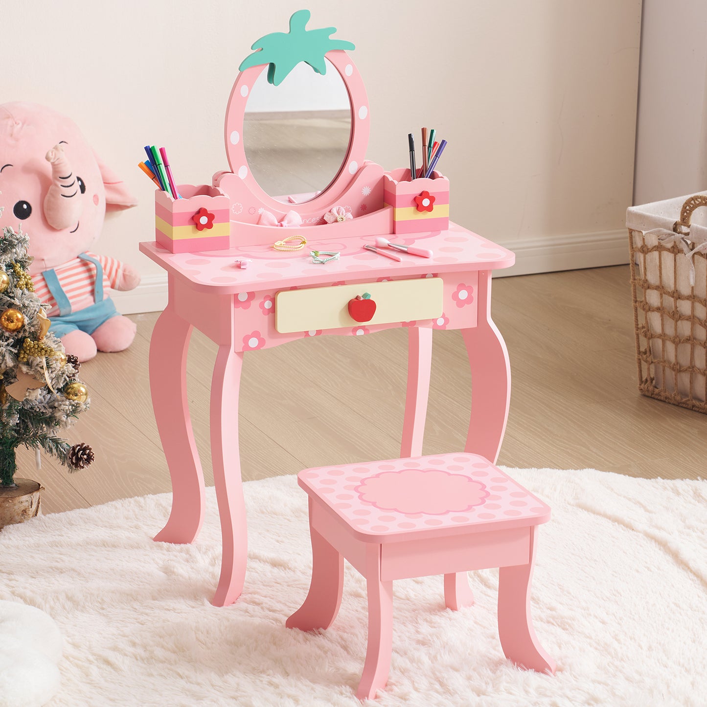 SESSLIFE Vanity Desk Set with Drawers and Storage, Compact Dressing Table Organizer for Bedroom, Pink Makeup Vanity Table, Cute Apple Accent