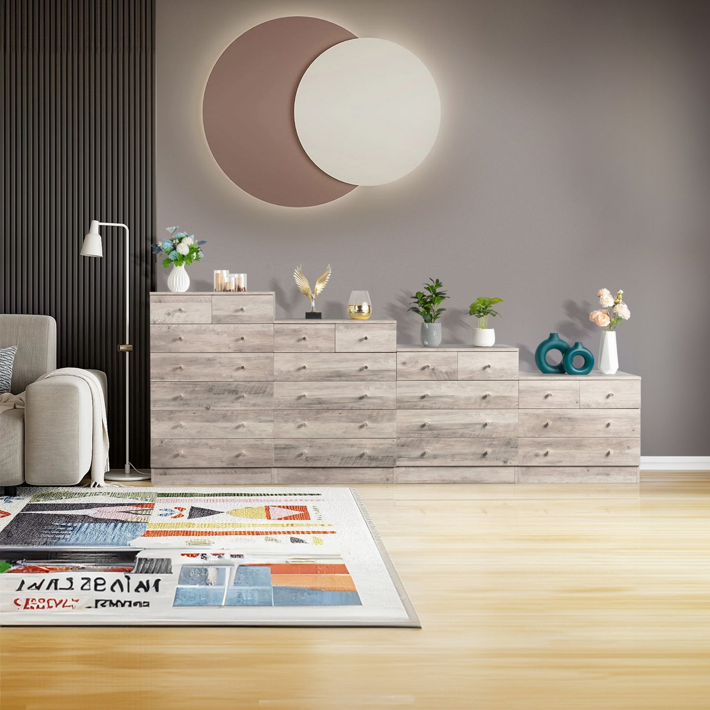 5 Drawer Dresser for Bedroom, Wooden Storage Dresser with Matt Gold Handle, Modern Chest of Drawers for Living Room, Gray