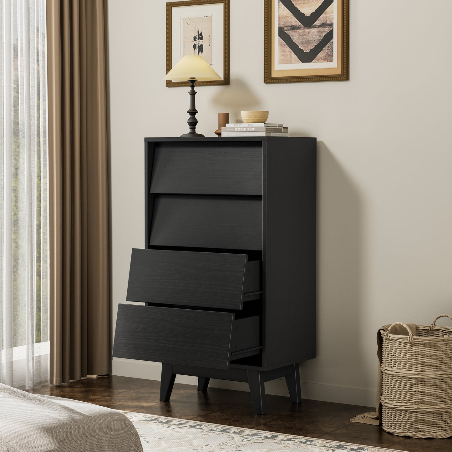 4-Drawer Dresser, Wooden Chest Organizer with Drawers and Bevel Design, Vintage Dresser for Bedroom, Adults, Black