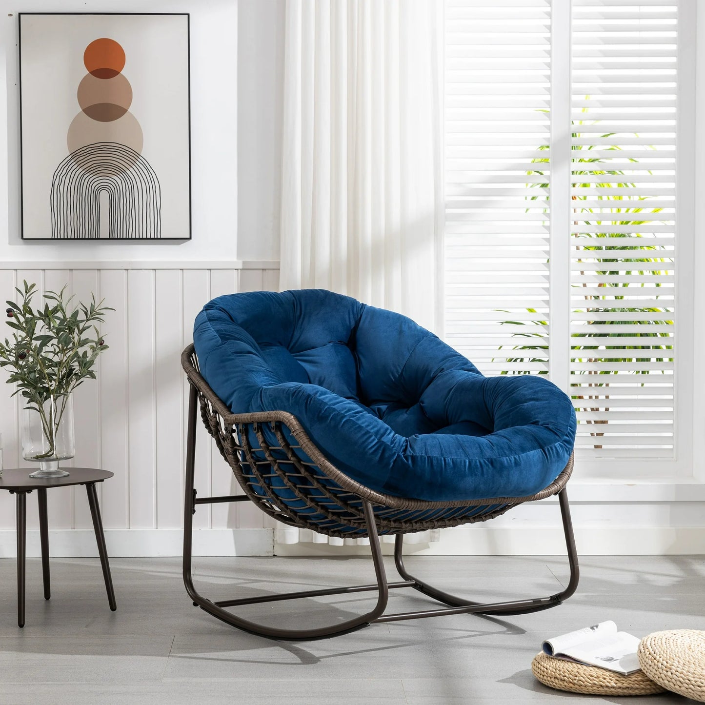 Papasan Rocking Chair Indoor and Outdoor, Patio Rocker Recliner Chair with Padded Cushion, Modern Lounge Egg Chair with Steel, Rattan Frame, Orange