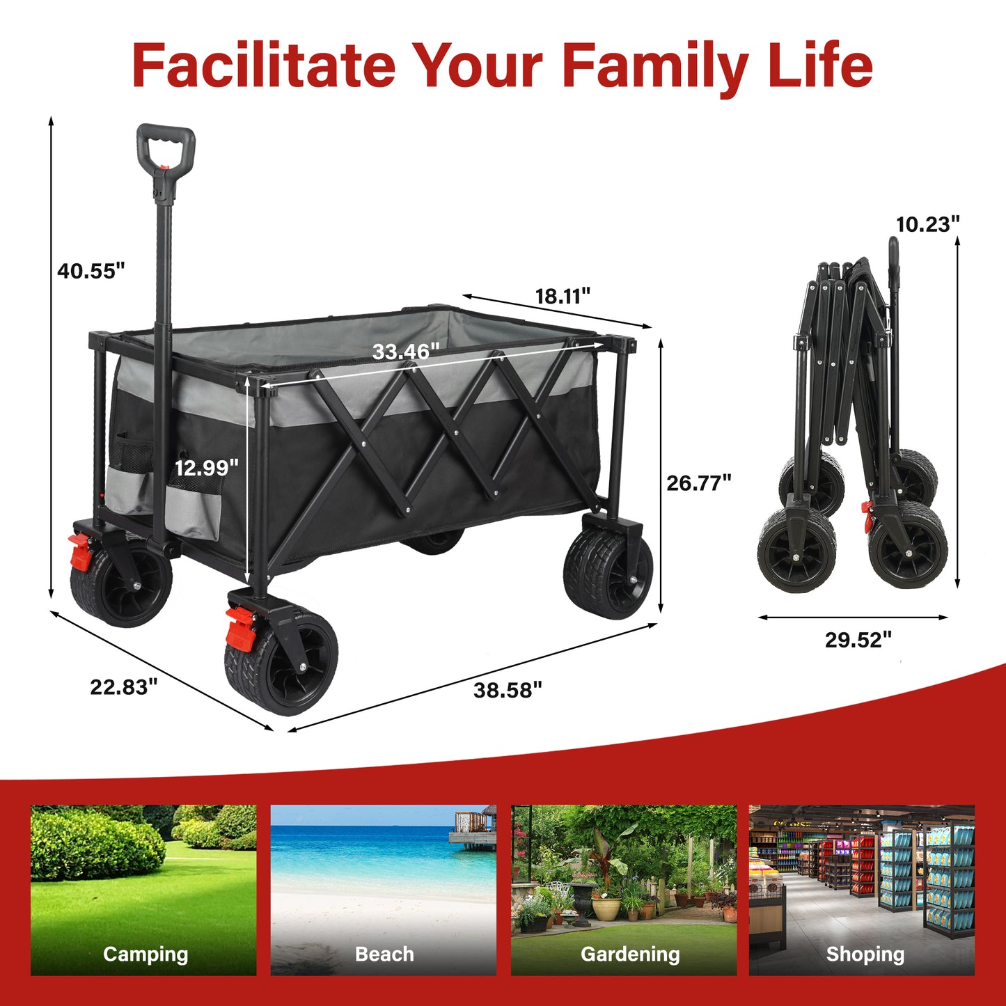 SESSLIFE Folding Beach Wagon for Sand, Collapsible Wagon Cart with Removable Canopy, Big Wheels, DT41