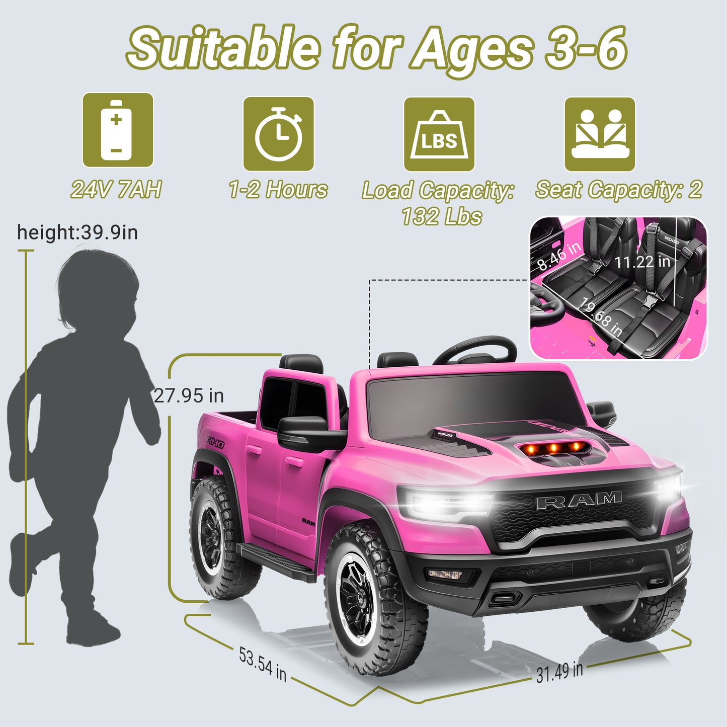 2 Seater Ride on Cars for Kids, RAM 1500 Extra large Real 24V Powered Ride on Toys with Remote Control, LED Light, MP3 Player, Electric Vehicles Ride on Truck for Boys Girls Gifts, Pink