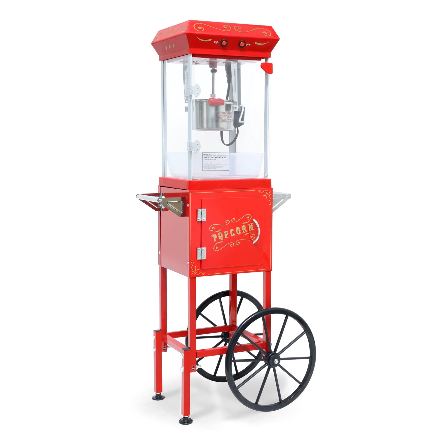 Commercial Popcorn Machine with Cart, 480W Popcorn Maker Machine, Popcorn Popper Machine with 6 oz Stainless Steel Kettle, Heated Deck, Storage Cabinet & 2 Wheels for Parties