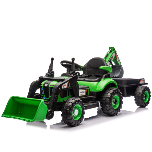 24V Ride On Electric Tractor Toy for Kids with 4 in 1 Attachments (Excavator, Dump Truck, Bulldozer), Remote Control, Bluetooth Music, Swivel Seat, LED, Electric Cars for Boys Girls Ages 3-6