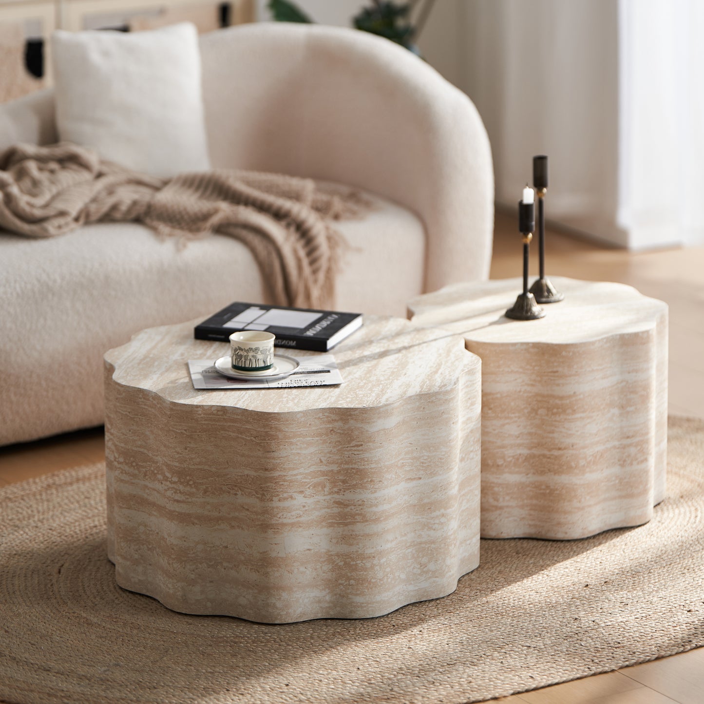 SESSLIFE Modern Round Coffee Table Set, 2 Piece Living Room Tables with Faux Mars Pattern, Easy to Clean Minimalist Side Table for Apartment, Office, Compact Design