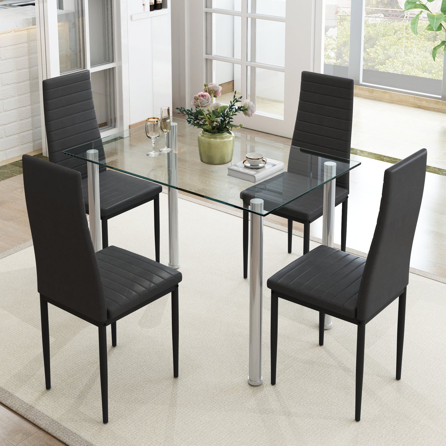 Sesslife Dining Table Set for 4, Modern Kitchen Table with Faux Leather Upholstery Chairs, 5-piece Rectangular Kitchen Table Set, Small Space Dining Table, Living Room Occasions Furniture, White