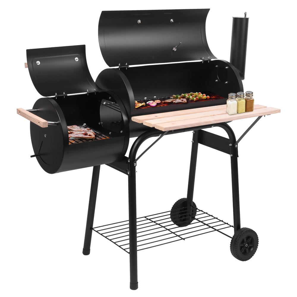 Charcoal Grill, Portable Charcoal Grill and Offset Smoker, Stainless Steel BBQ Smoker with Wood Shelf, Thermometer, Wheels, Charcoal BBQ Grill for Outdoor Picnic, Patio, Backyard, Camping